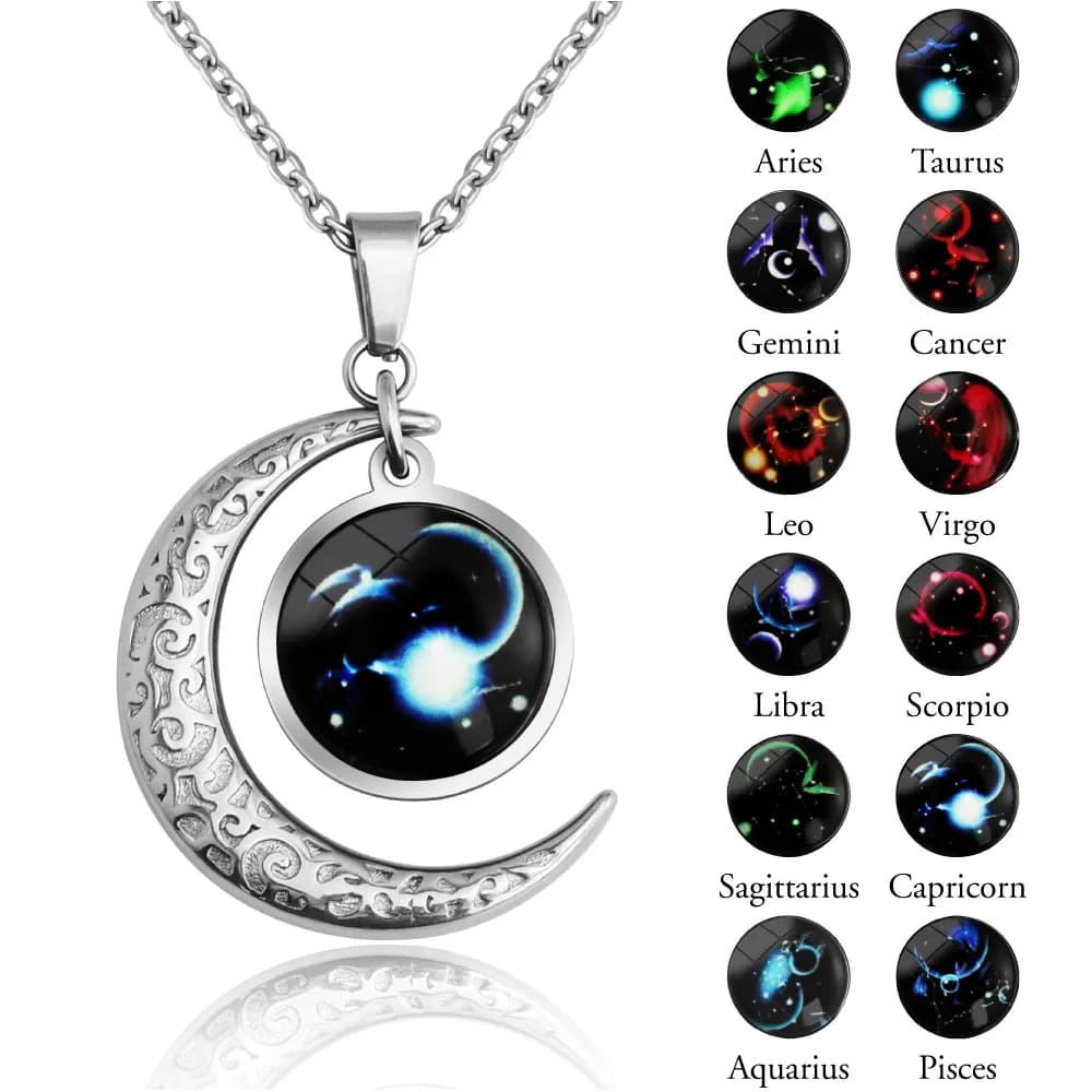 Collar luminiscente de constelación con luna y cristal