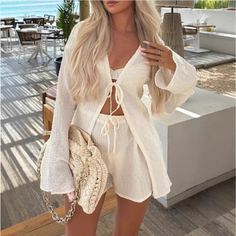 Conjunto de dos piezas para mujeres con short anudado y cintura elástica