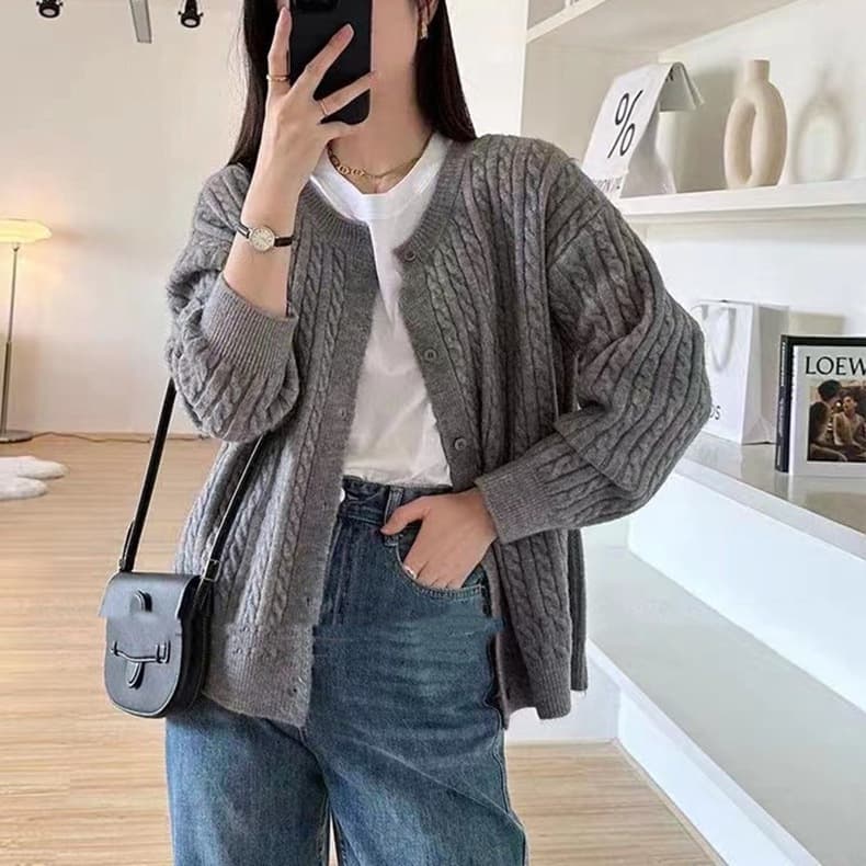 Cardigan casual retro de mujer cuello redondo holgado