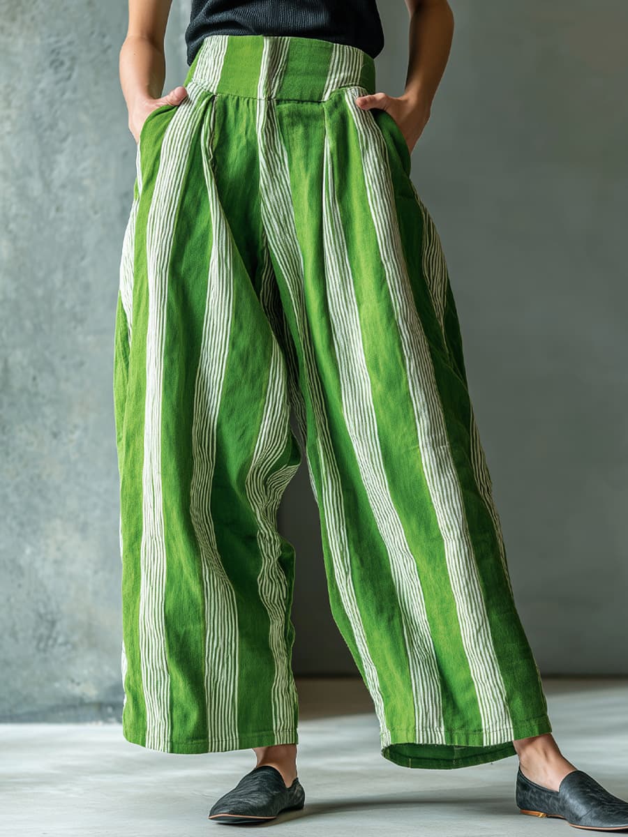 Pantalones de lino a rayas con talle ancho, estilo resort