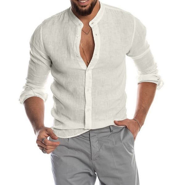 Cardigan de lino con cuello de pie, manga larga
