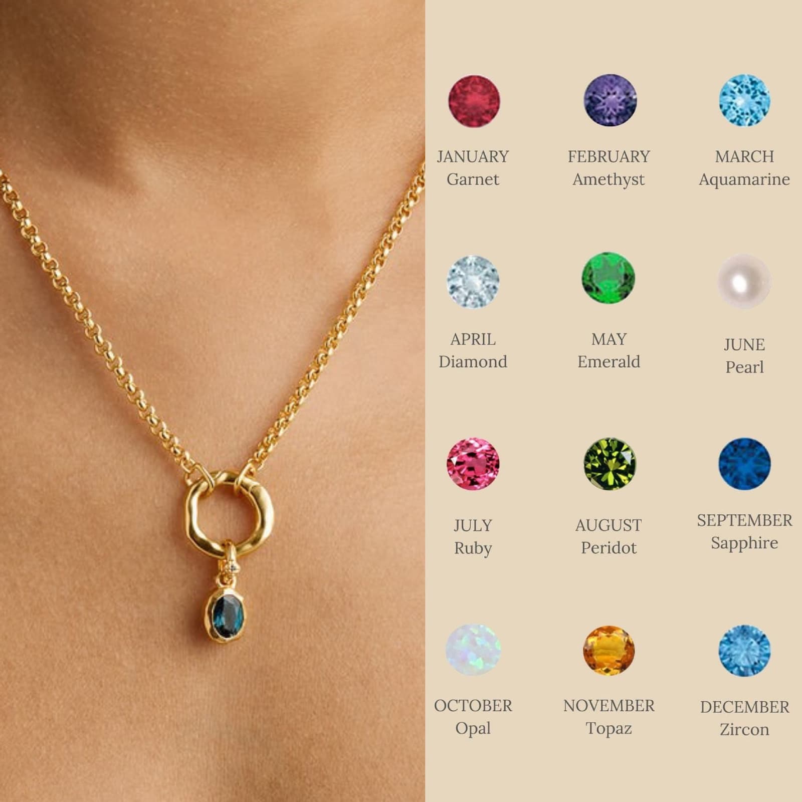 Collar de acero inoxidable con piedra natal del mes