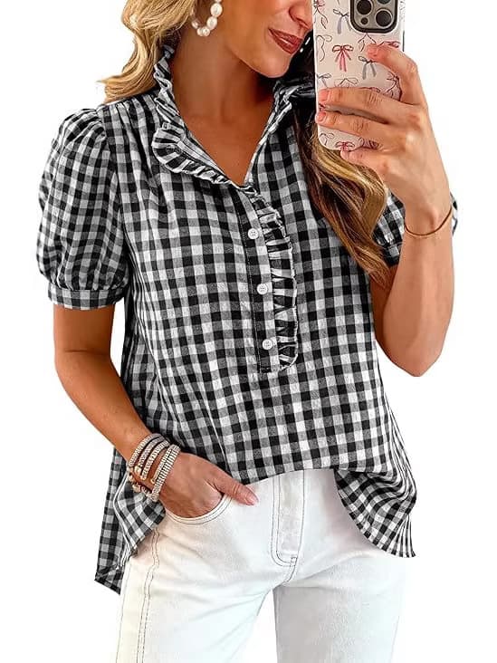 Blusa de verano con rayas y cuadros, mangas con volantes