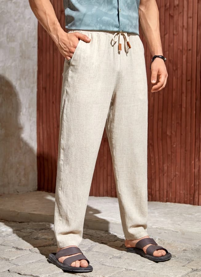 Pantalones casuales de algodón y lino con cordón ajustable