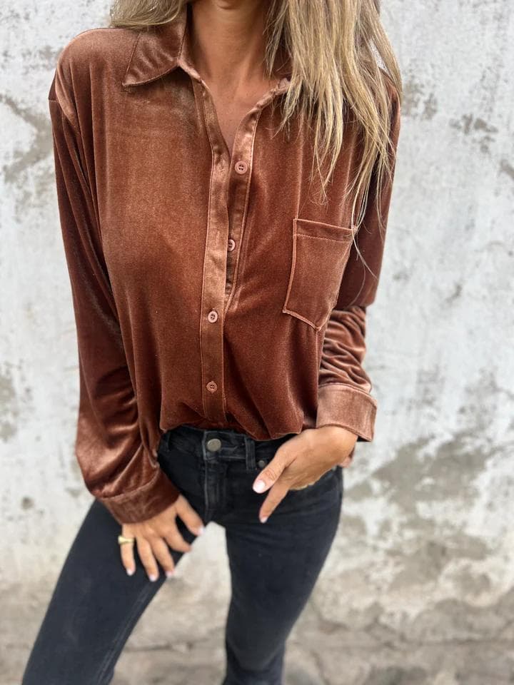 Camisa de terciopelo gold con solapa casual para mujer