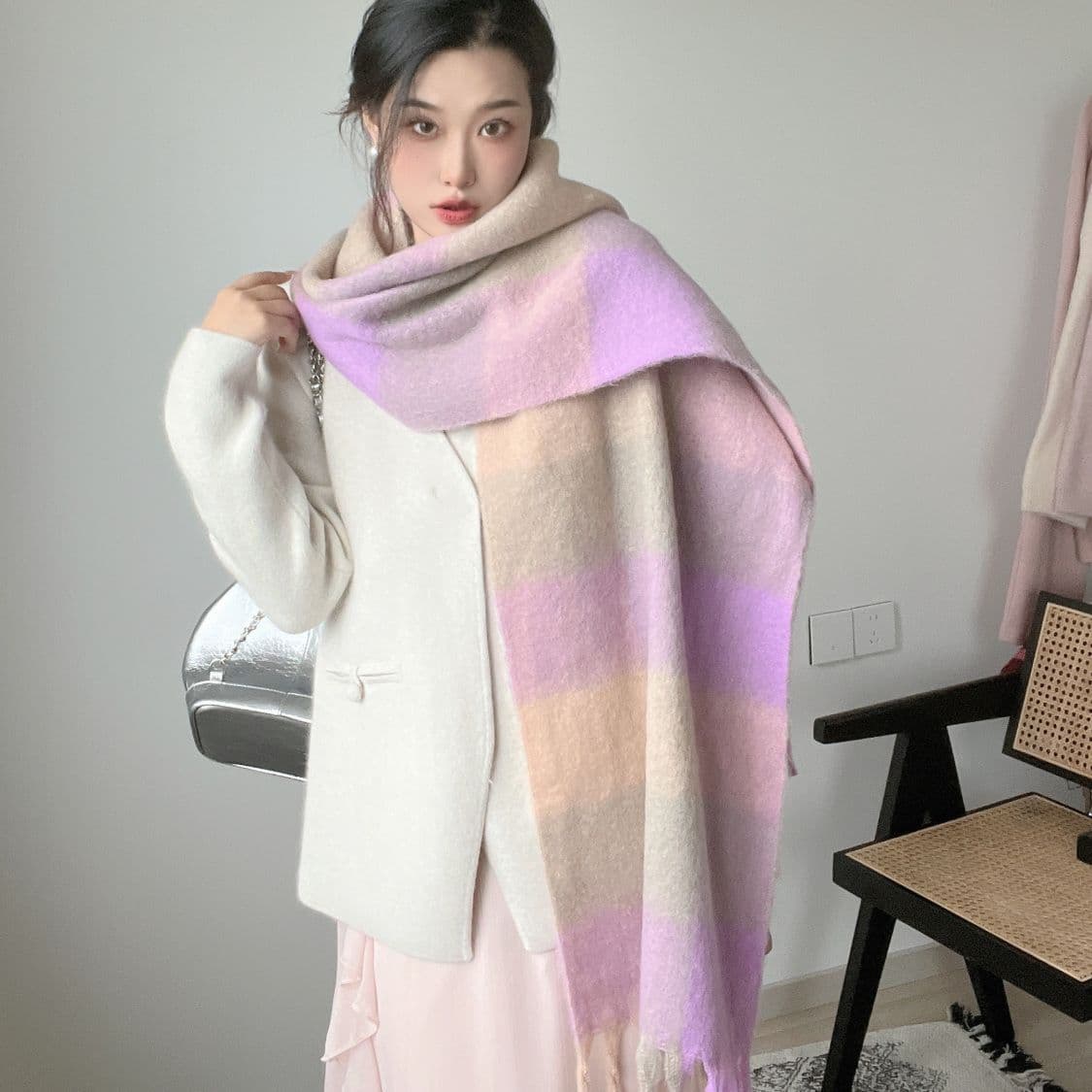 Bufanda a cuadros dopamina, estilo cashmere, colores vibrantes