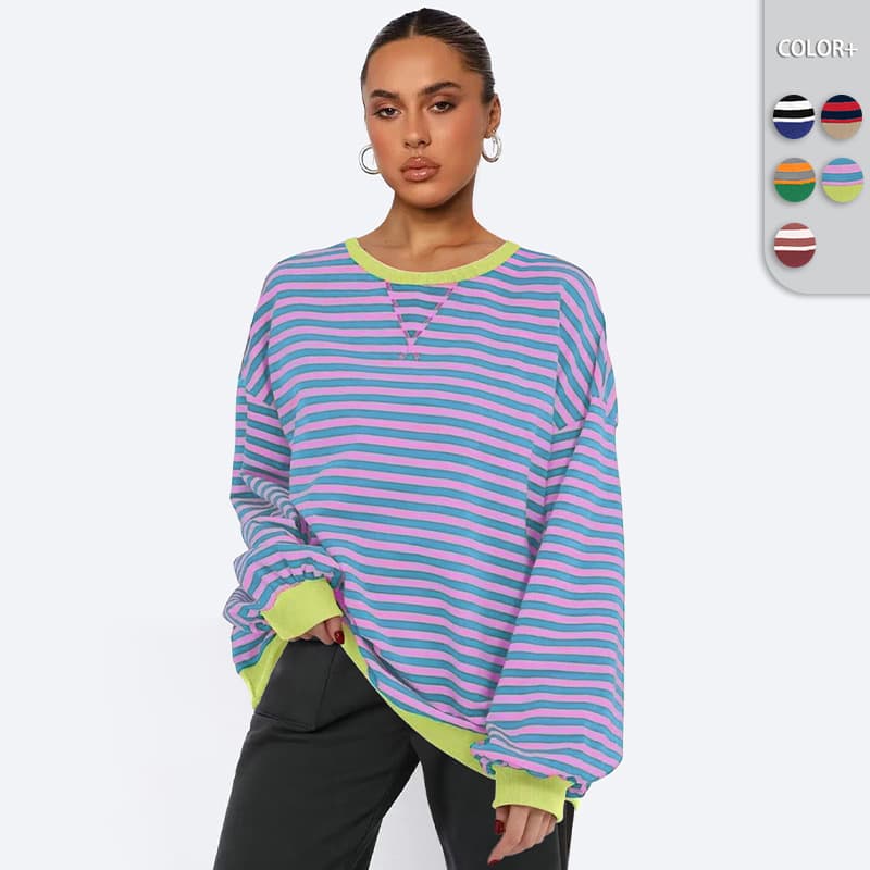 Suéter mujer cuello redondo rayas mangas obispo