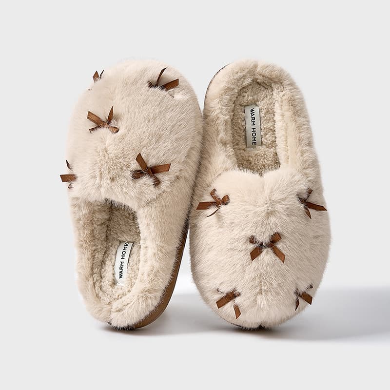 Pantuflas de algodón con moño para mujer, cálidas y cómodas