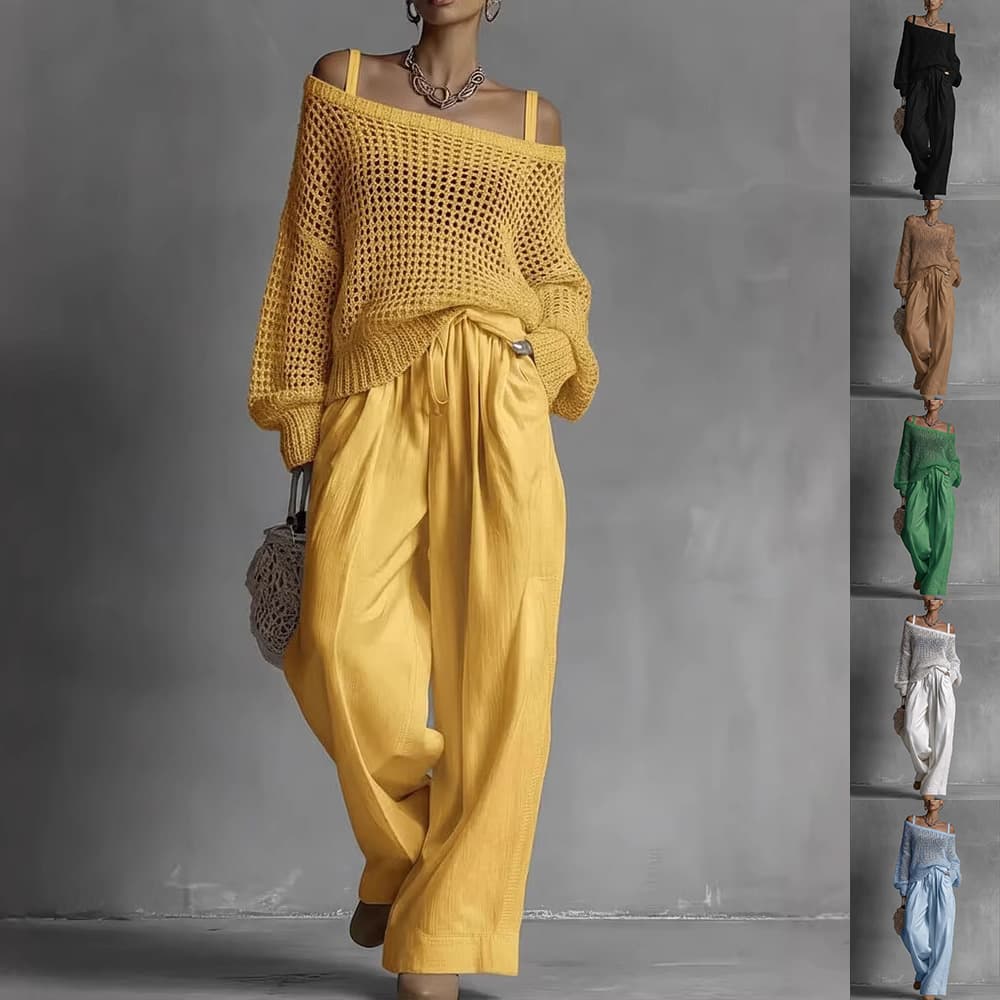 Conjunto casual de dos piezas con top calado y pantalones