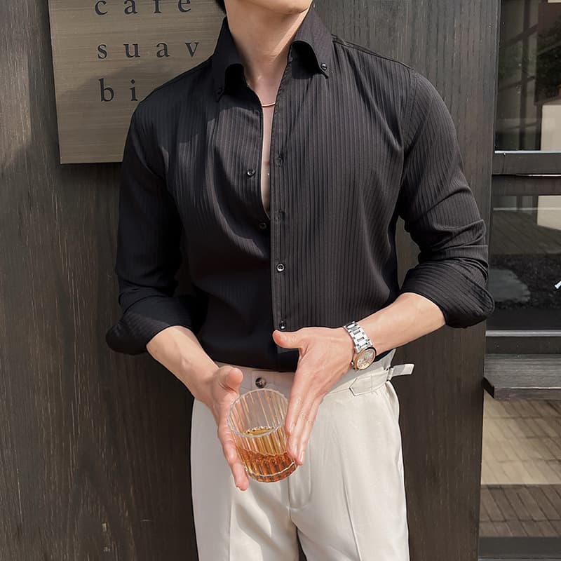 Camisa para hombre manga larga con rayas y escote en V