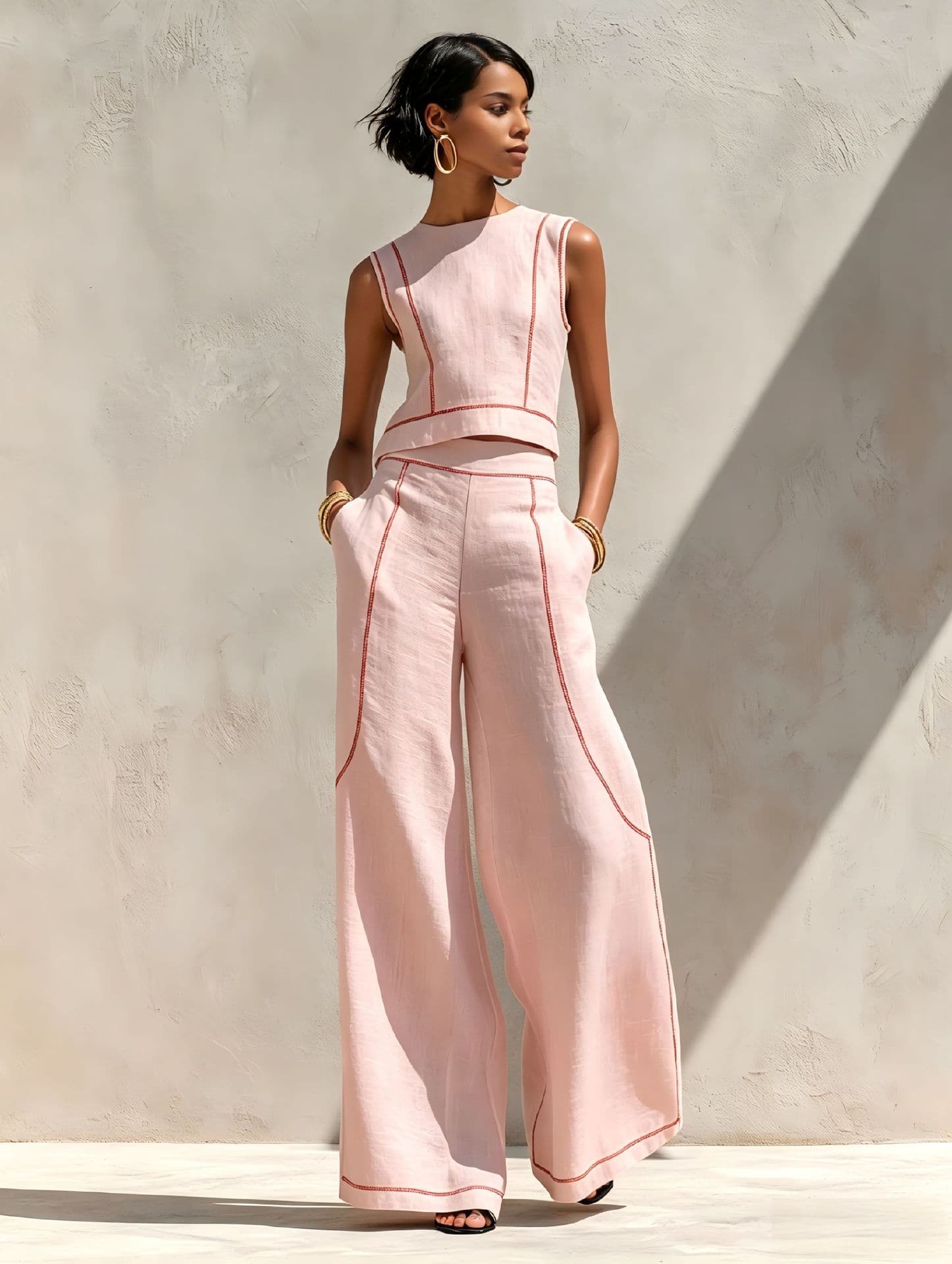 Conjunto sin mangas con bloques de color y pantalones anchos