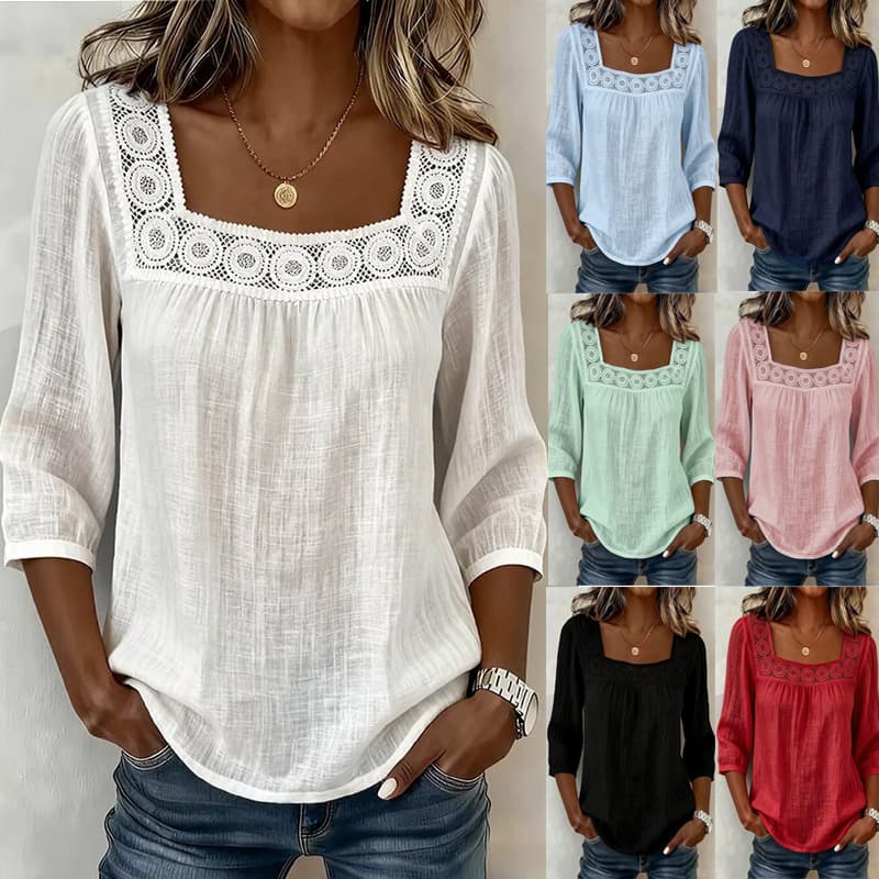 Blusa de verano de algodón y lino con cuello cuadrado y encaje