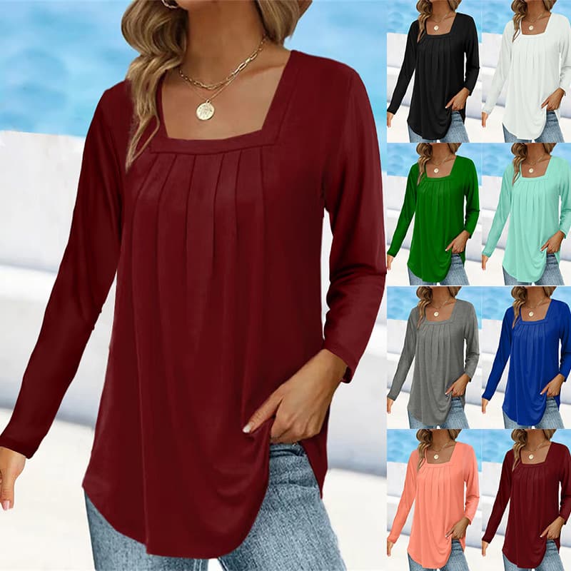 Camiseta mujer con cuello cuadrado plisado y mangas largas