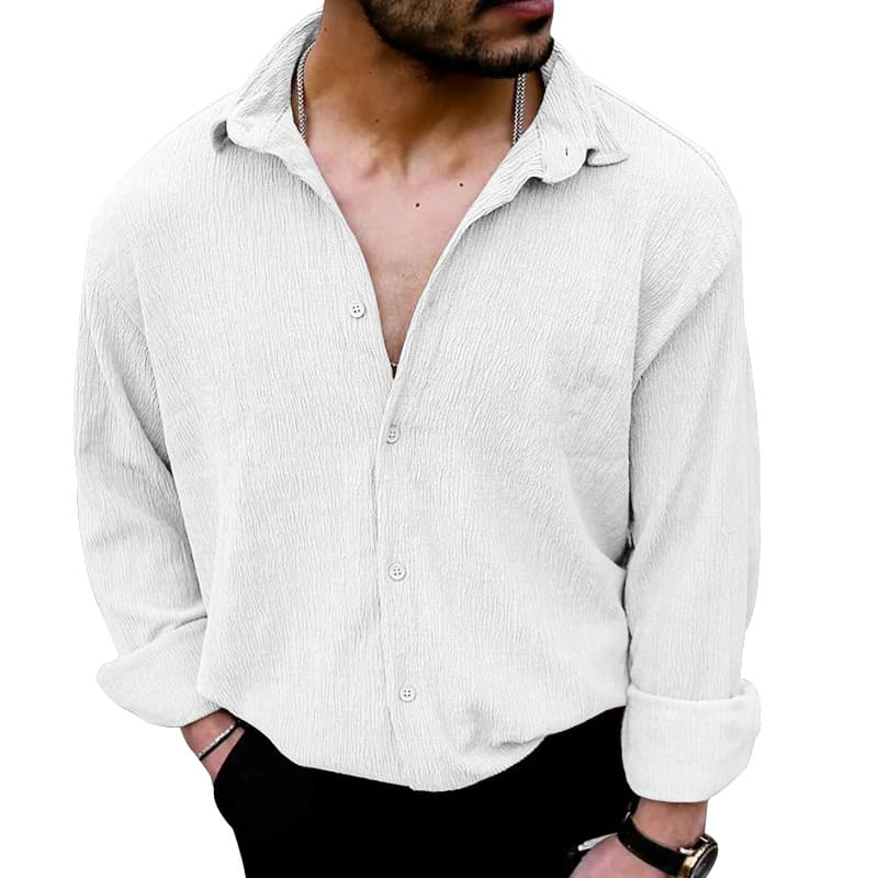 Camisa cardigan de lino con solapa para hombre