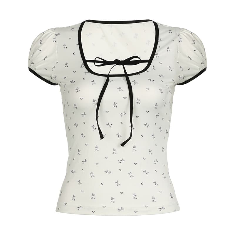 Top mujer manga corta floral puff con cordones