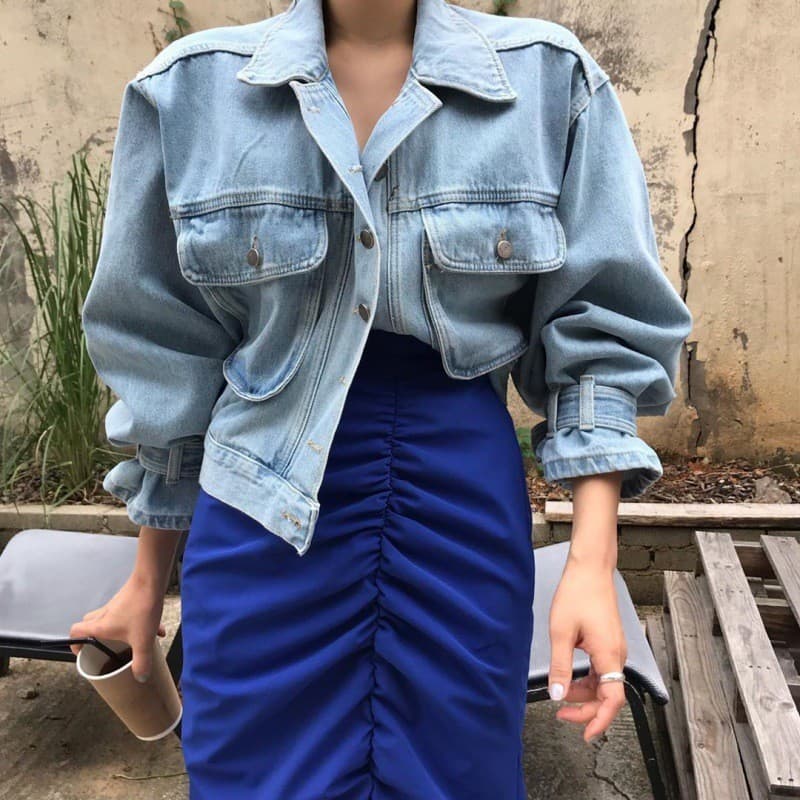 Chaqueta denim corta para mujer mangas globo