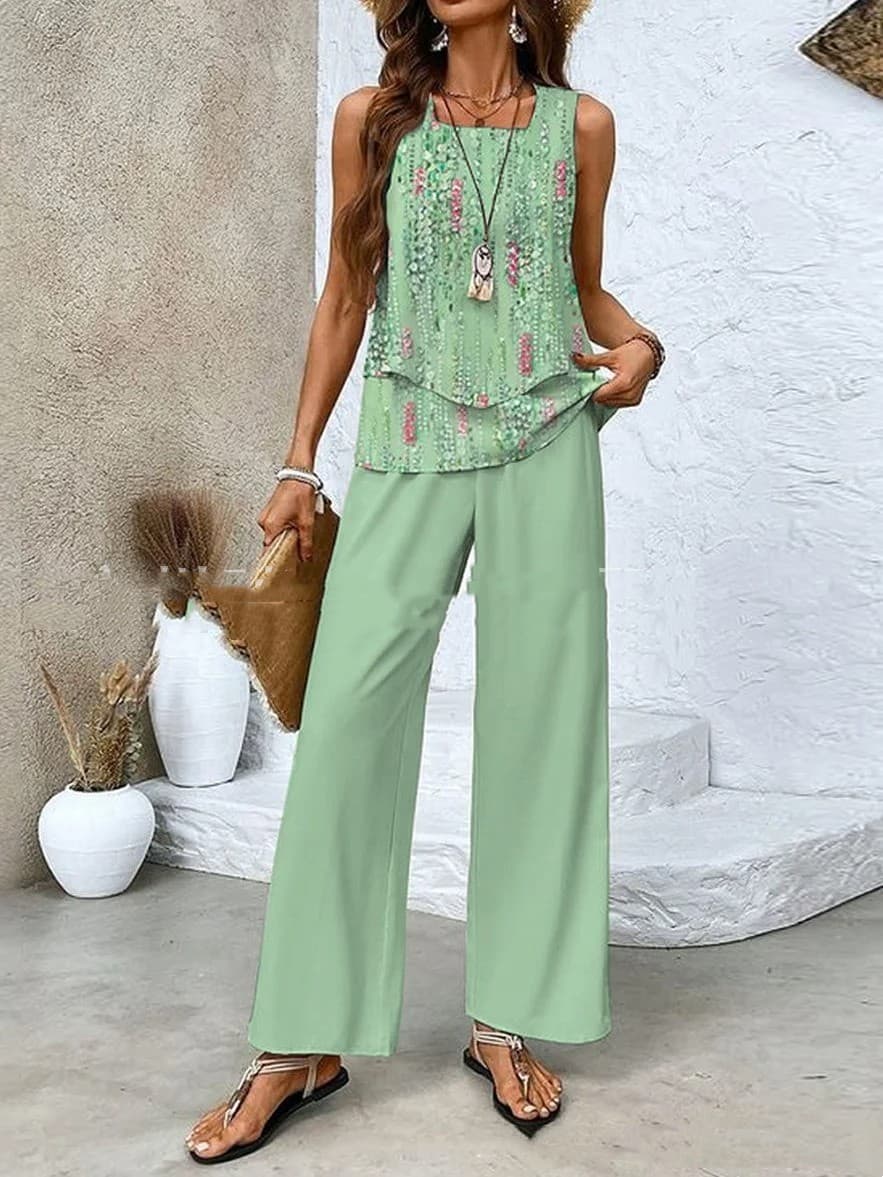 Conjunto de chaleco y pantalones con estampado floral para mujer