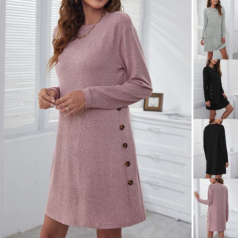 Vestido recto manga larga cuello redondo color sólido