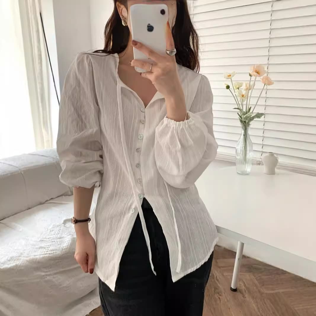 Camisa manga larga estilo coreano con rayas y mangas puff