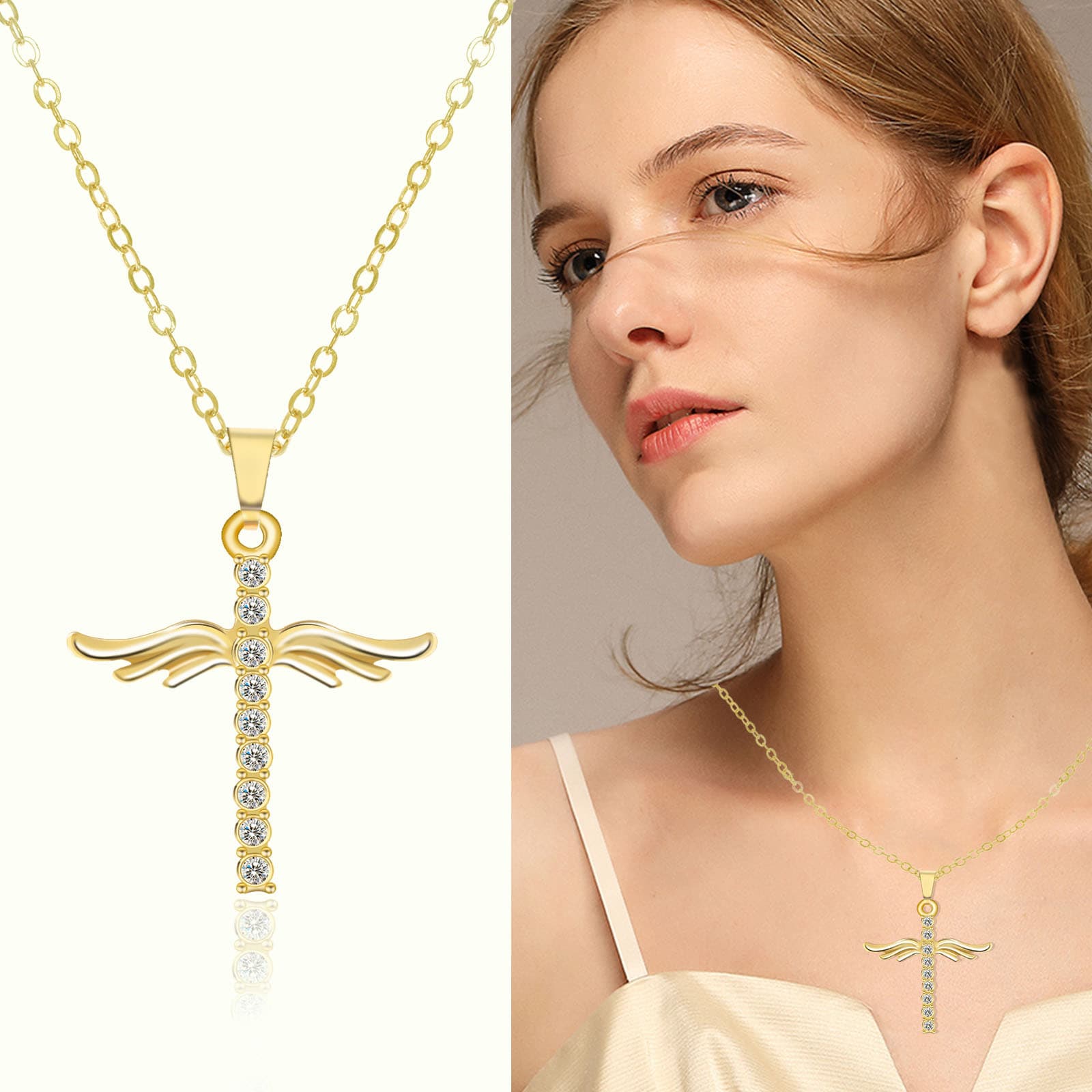 Collar colgante cruz con alas de ángel cadena acero