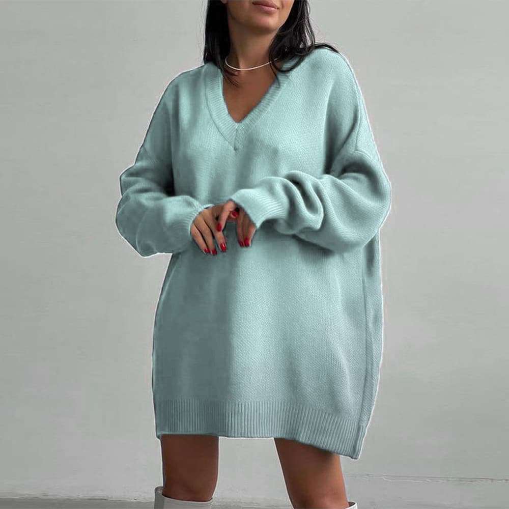 Vestido V-neck de color sólido para otoño e invierno