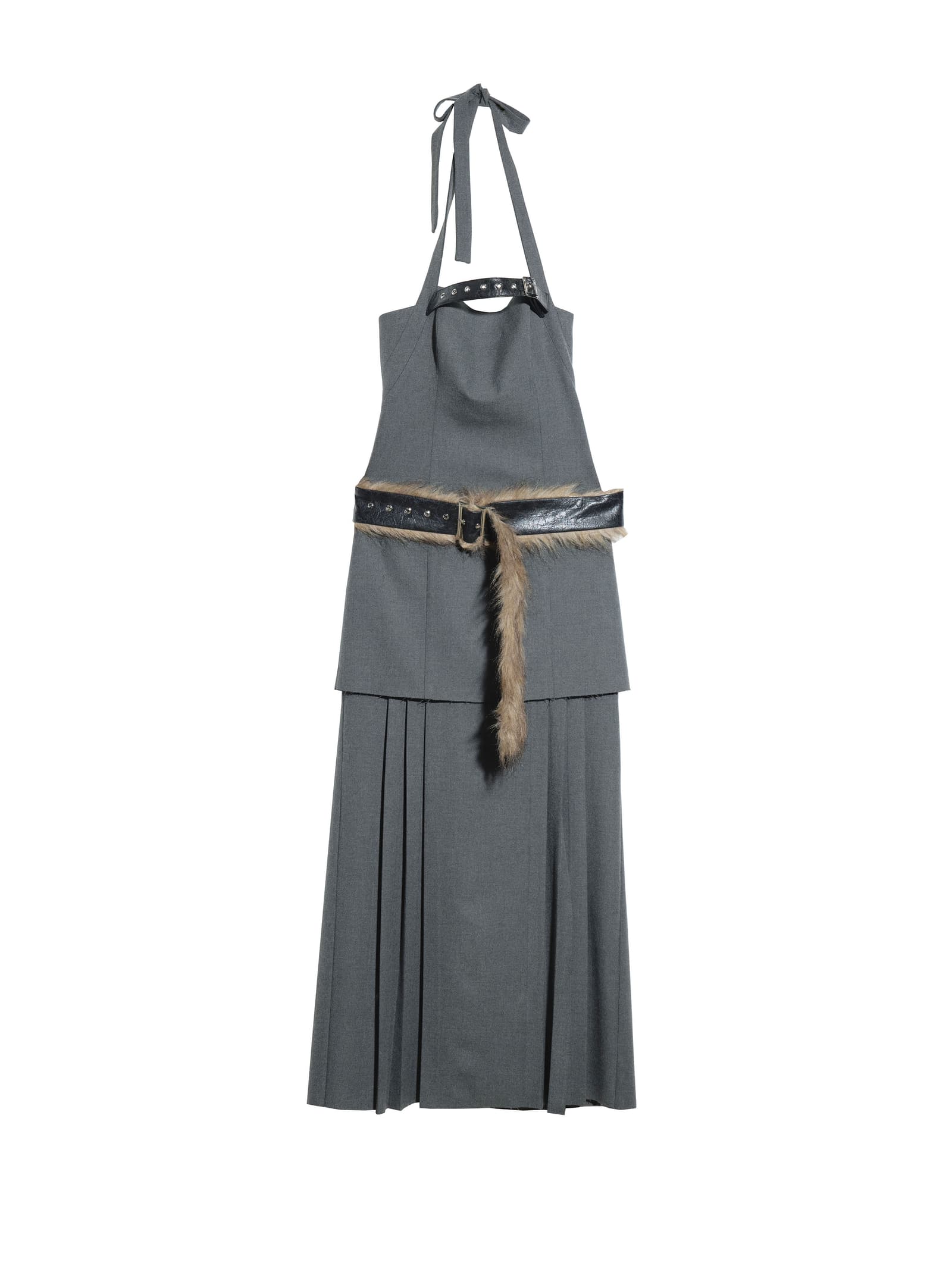 Vestido tipo halter con cinturón y volantes elegantes