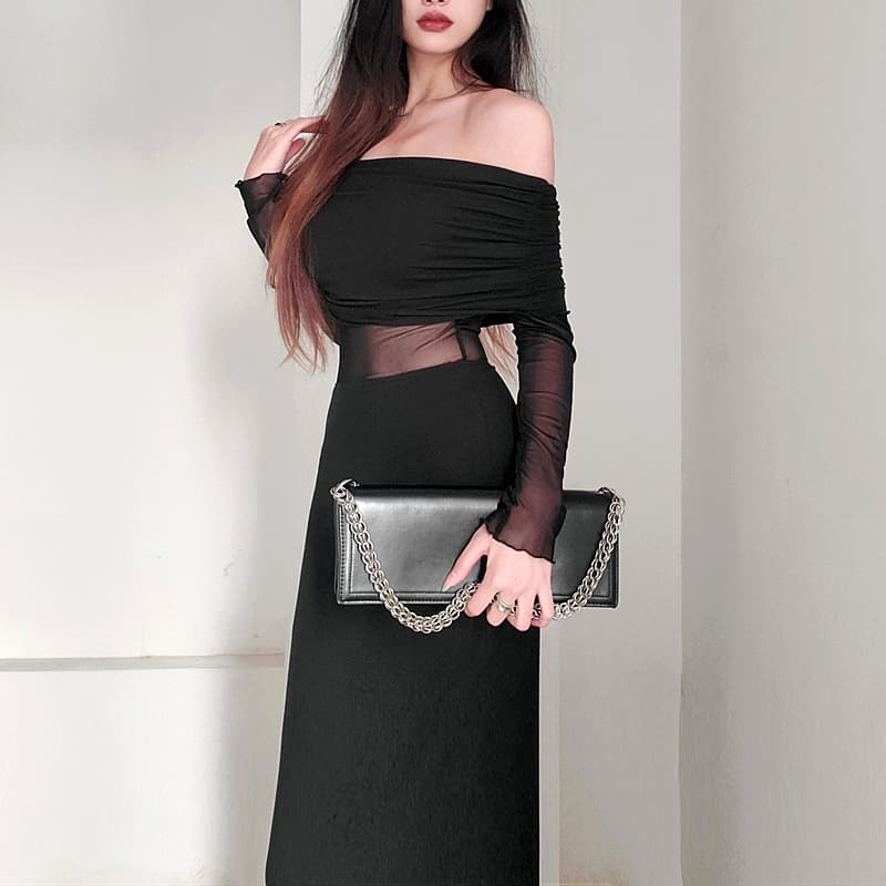 Vestido de hombro descubierto plisado de manga larga para mujer