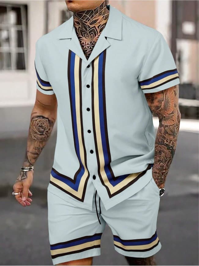 Conjunto de dos piezas para hombre con cuello cubano y shorts