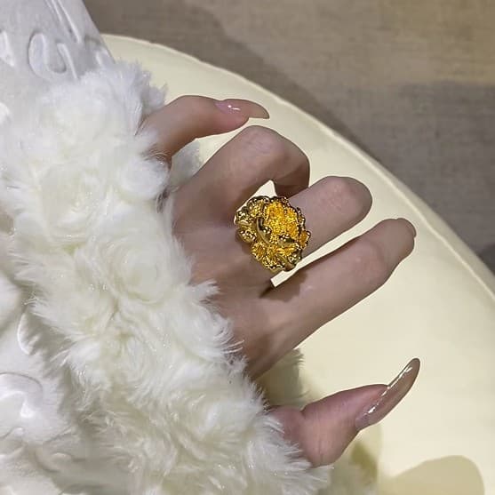 Anillo de flor peonía chapado en oro, estilo chino