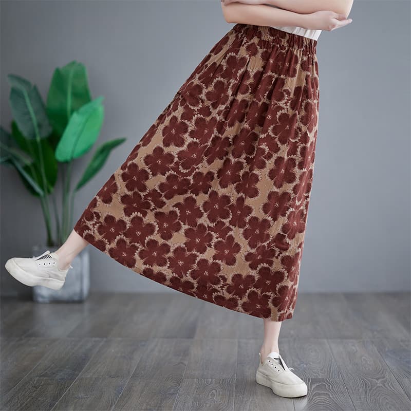 Falda suelta de algodón y lino con estampado