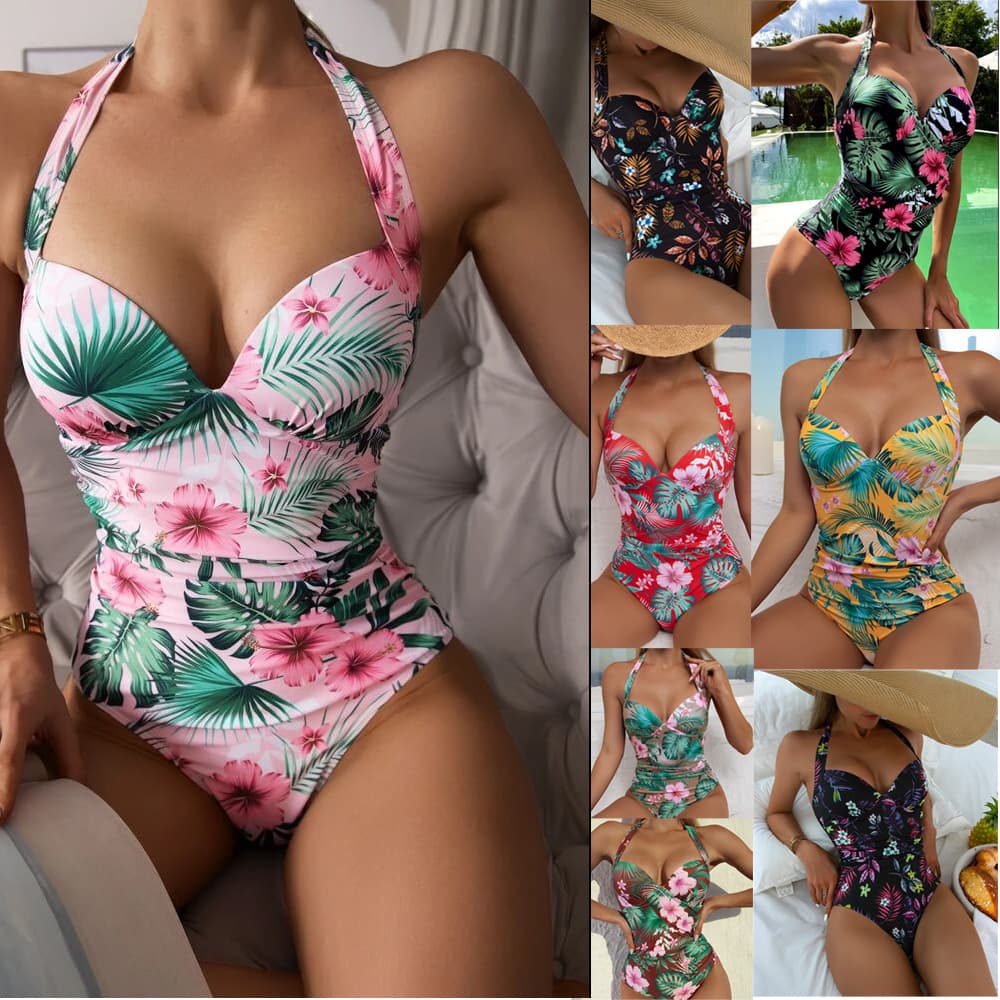 Traje de baño de una pieza estampado con cuello halter