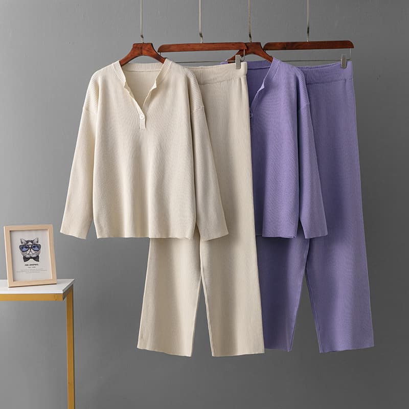 Conjunto de punto mujer cuello V holgado color sólido