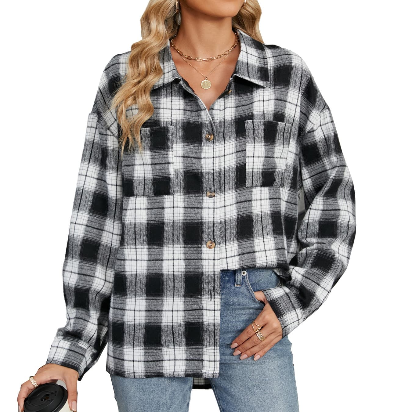Camisa de cuadros y rayas de manga larga con solapa