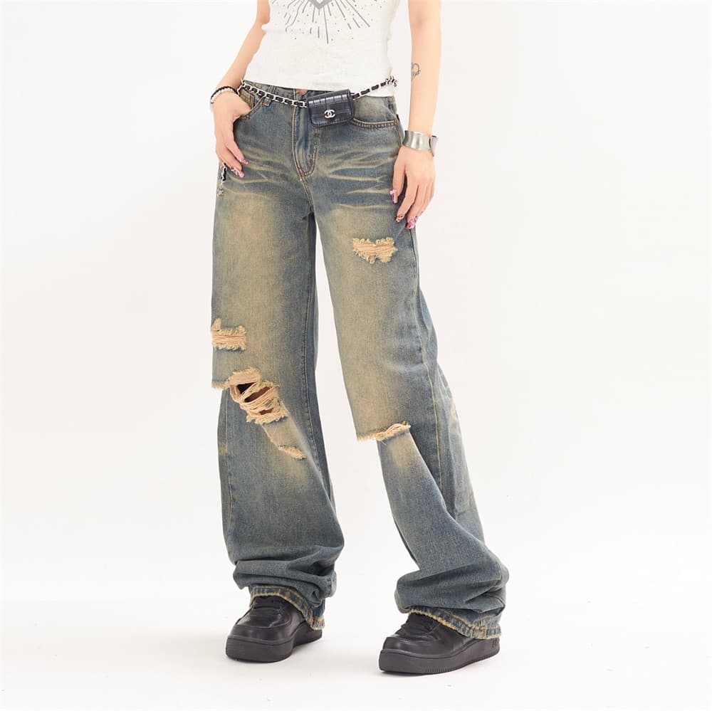 Pantalón recto ancho con volantes, efecto agua estilo punk