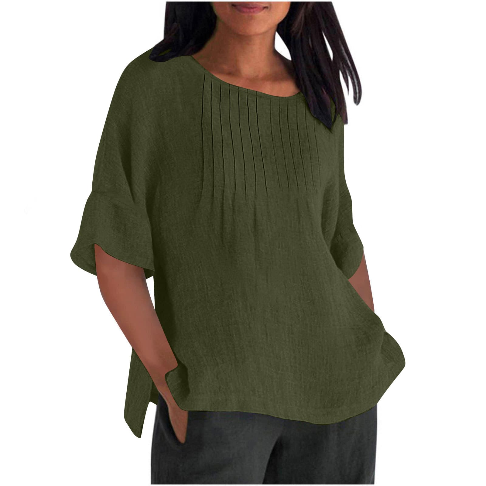 Blusa con pliegues algodón y lino cuello redondo