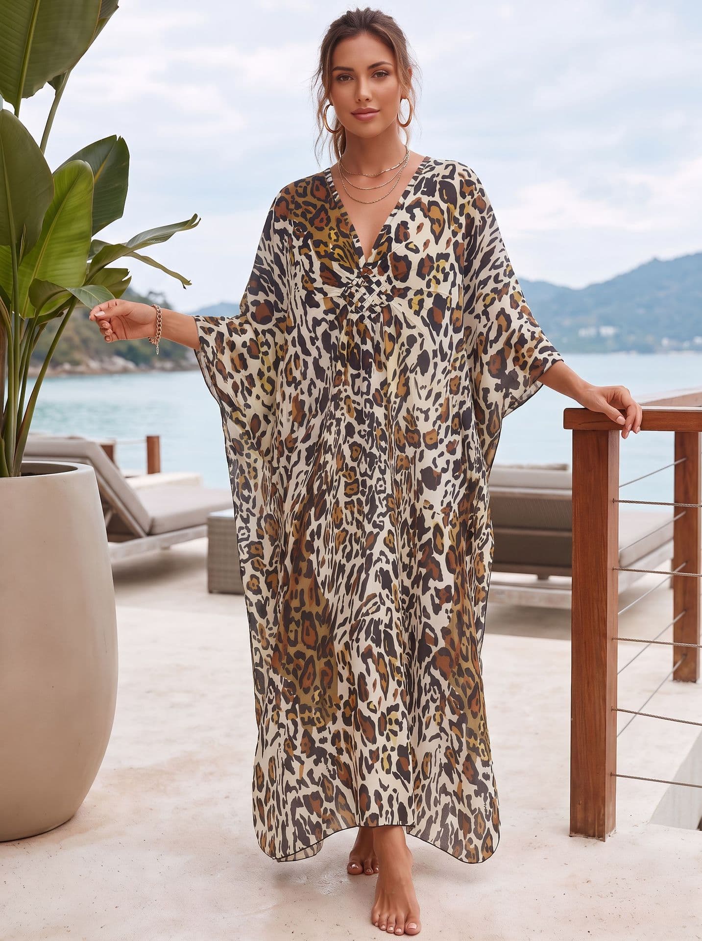 Capa de playa estampado leopardo, tejida de rayón