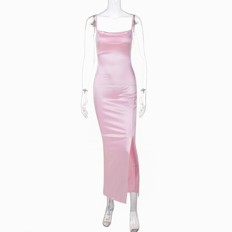 Vestido satinado sling con cintura media y falda dividida
