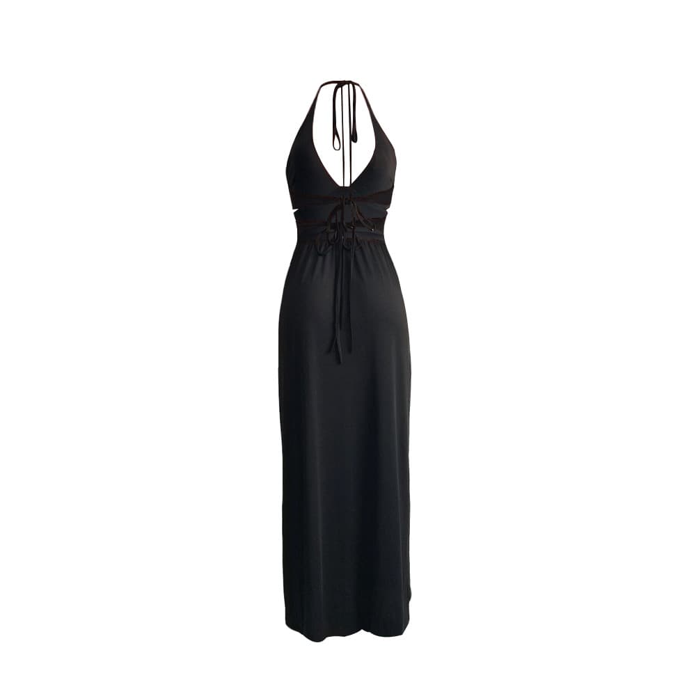 Vestido largo entallado sin mangas con cortes y cintura alta