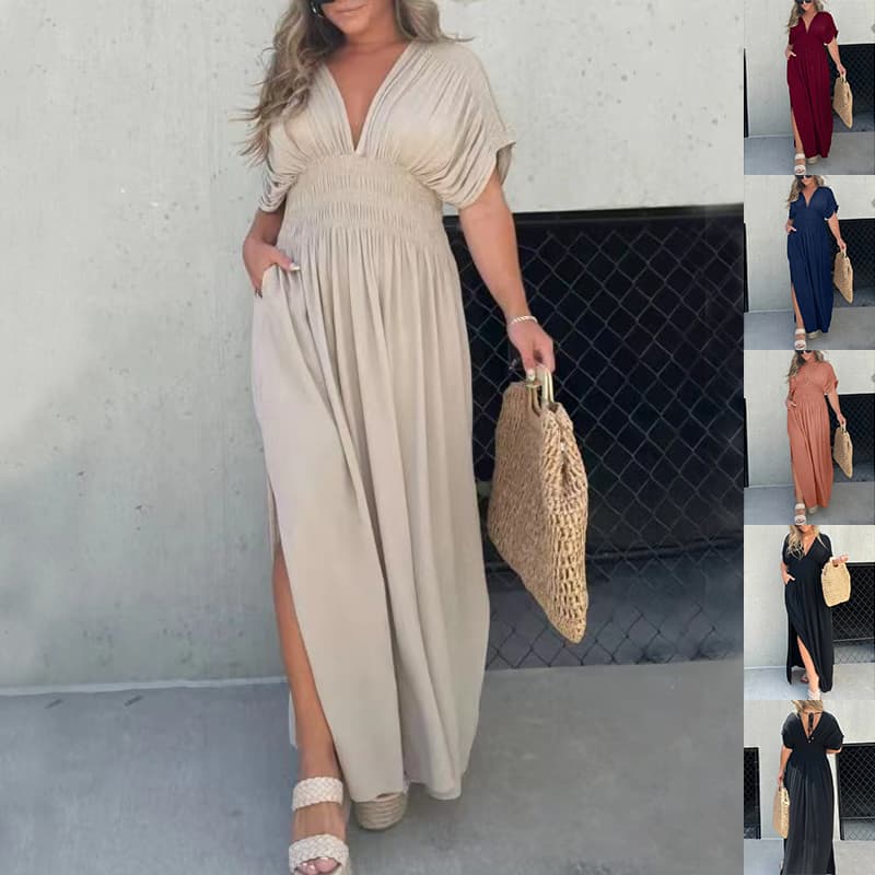 Vestido de verano con cuello en V, mangas murciélago y cintura elástica