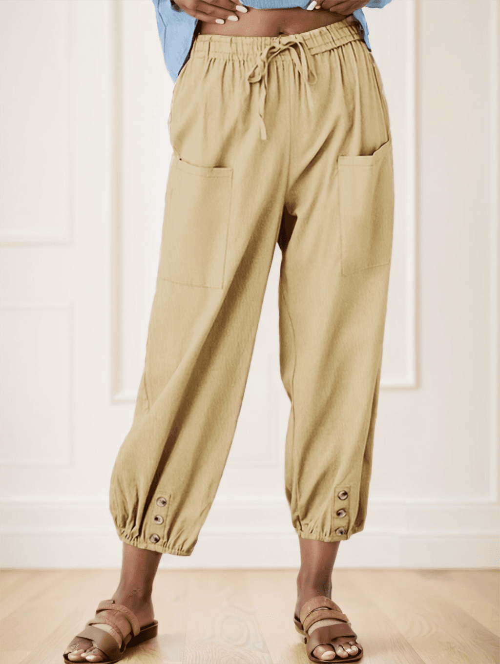 Pantalones capri de pierna ancha, cintura con cordón