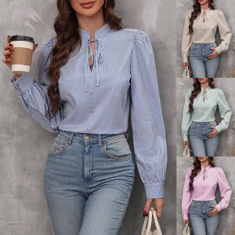 Camisa rayada de manga larga con cuello V y lazo