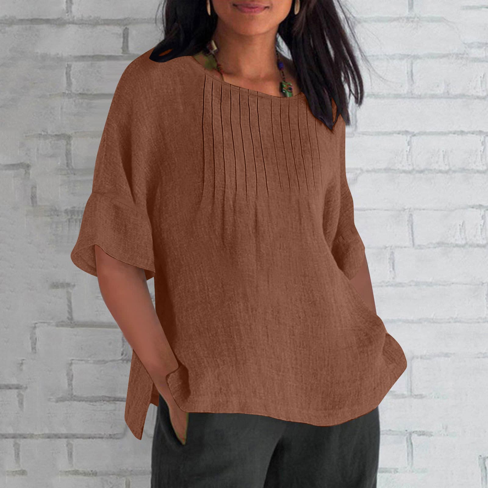 Blusa con pliegues algodón y lino cuello redondo