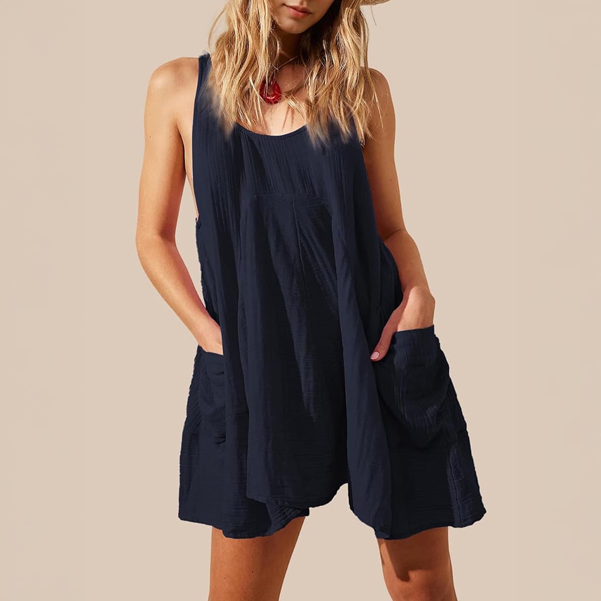 Vestido corto casual, suelto, color sólido con bolsillos