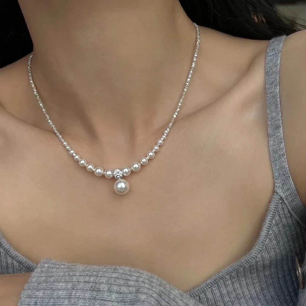 Collar perla diamante plata brillante para mujer