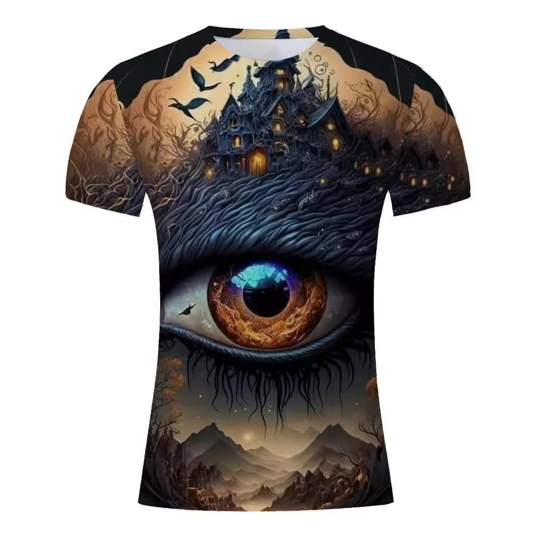 Camiseta con estampado de ojos de horror, cuello redondo