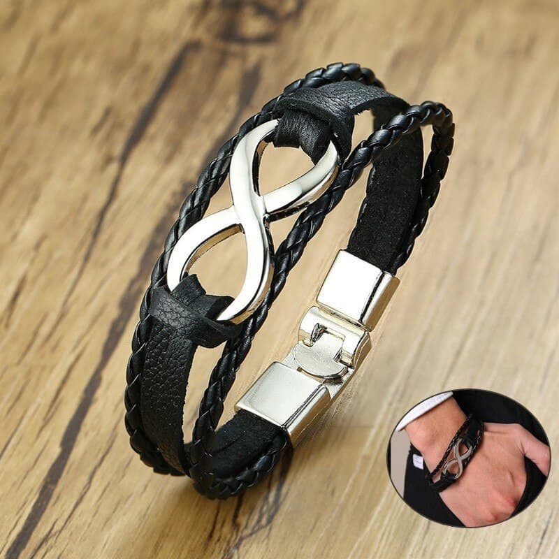 Pulsera de cuero con acero inoxidable figura ocho