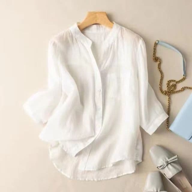 Camisa retro artística de color sólido y manga corta