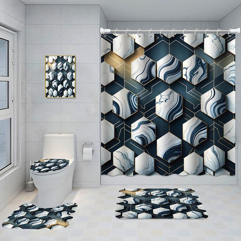 Juego de baño con cortina, alfombras y cuadro decorativo