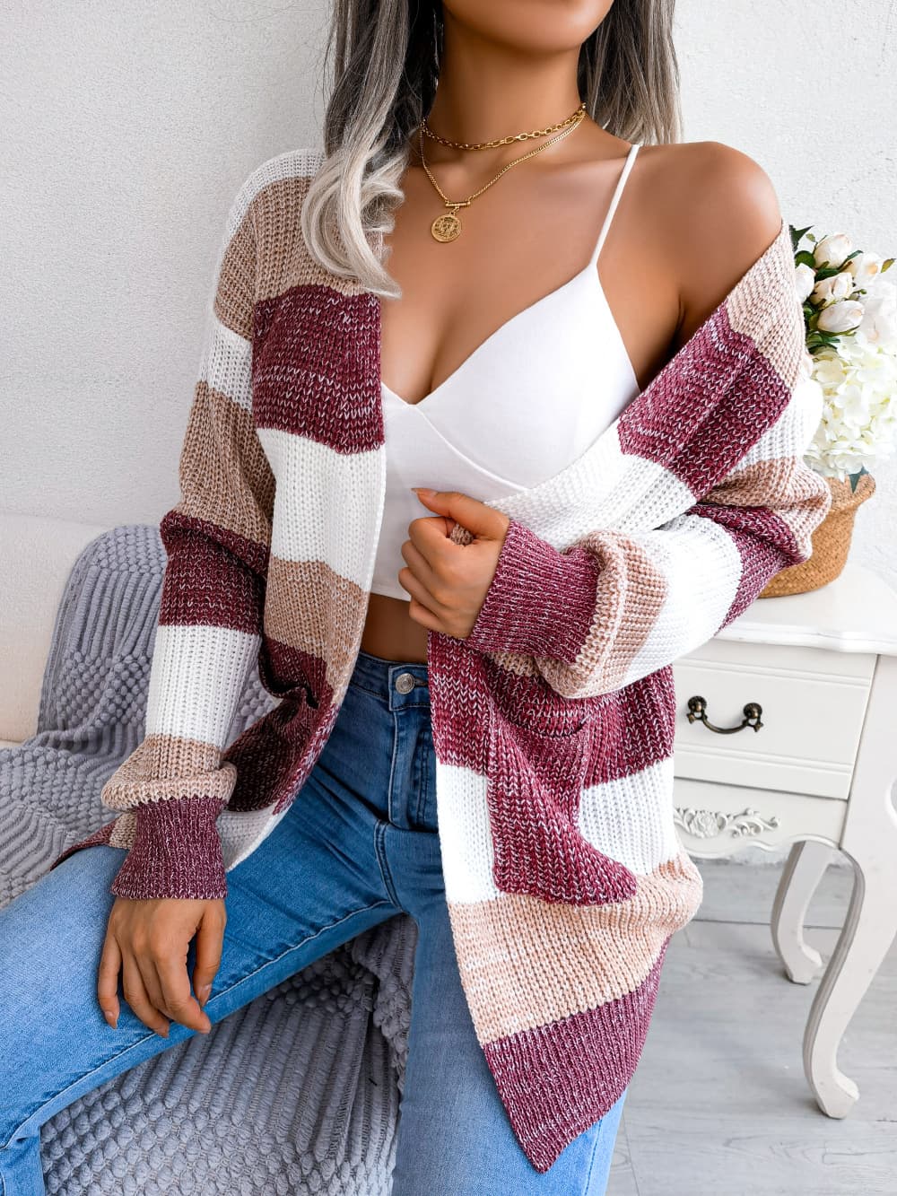 Cardigan cuadros con mangas linterna casual