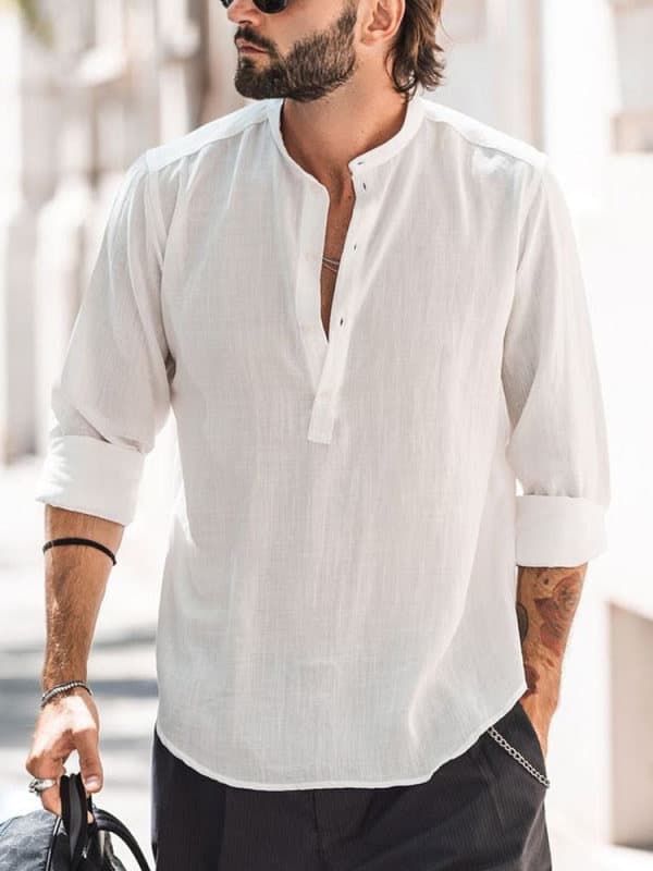 Camisa de algodón de cuello parado para hombre